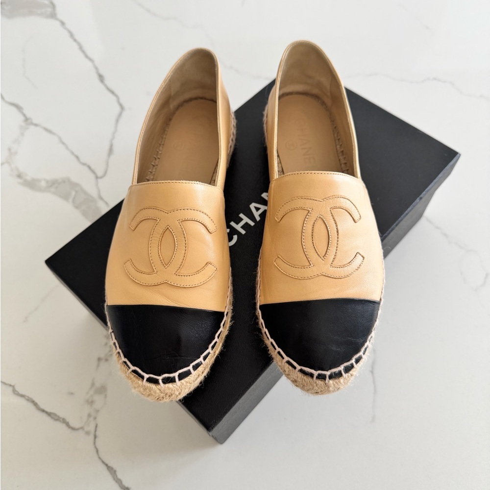 CHANEL Tan and Black Espadrilles Size 37